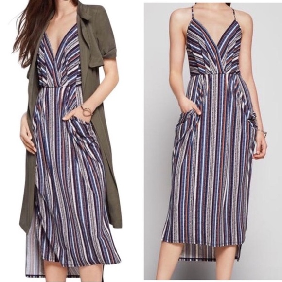 BCBG Generation Faux Wrap Striped MIDI Dress with Pockets Sz XS Halter Back - Picture 7 of 14